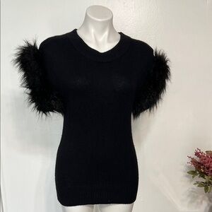 French Connection Black Knit Top with Faux Fur Accents